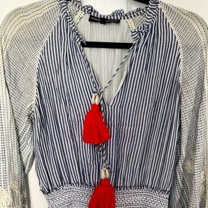 Hemant & Nandita Women's Tassel Pom Pom Short Dress, Blue & White, size M